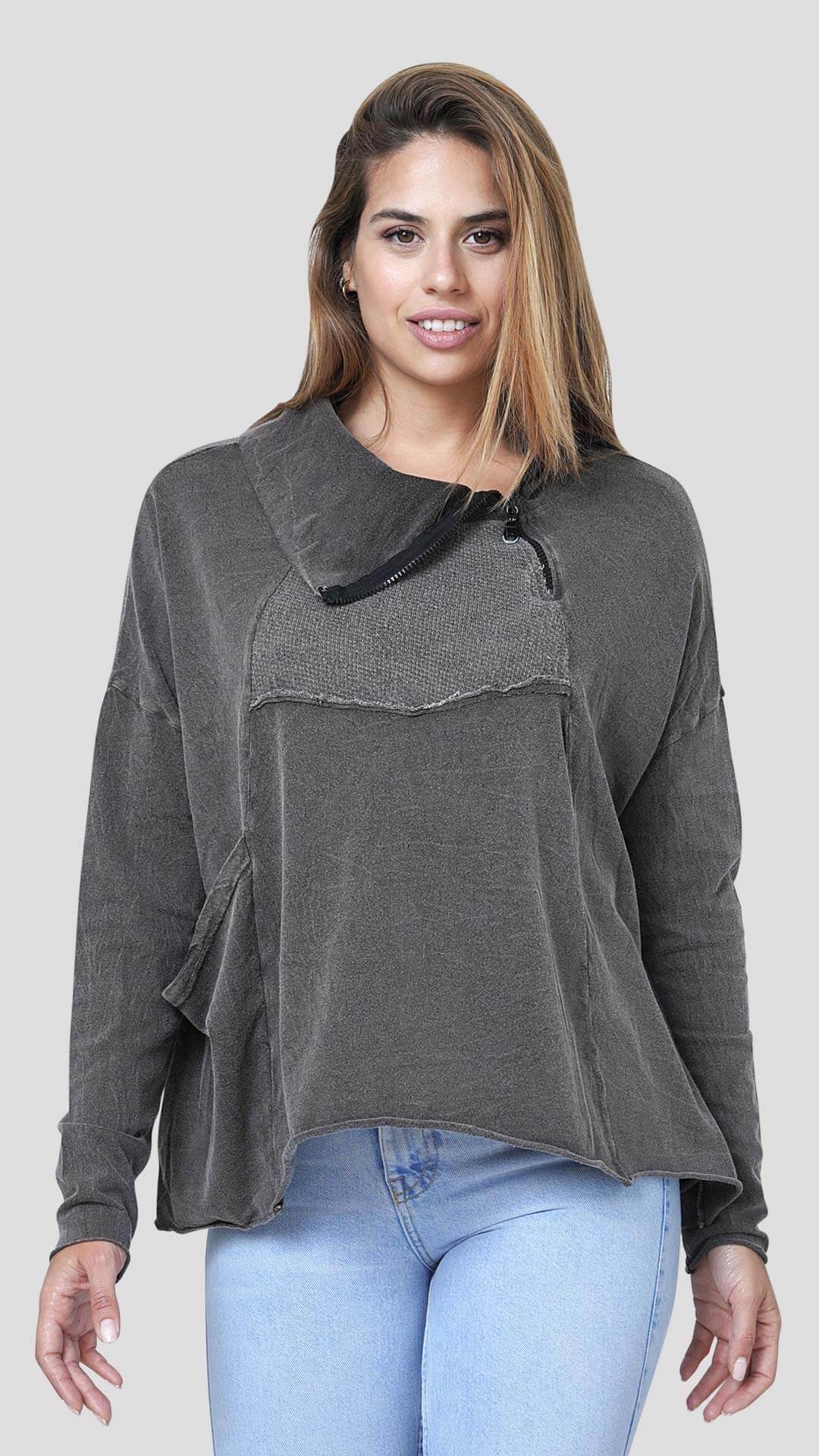 Long Sleeve Cotton Sweatshirt, Front View, in Dark Grey