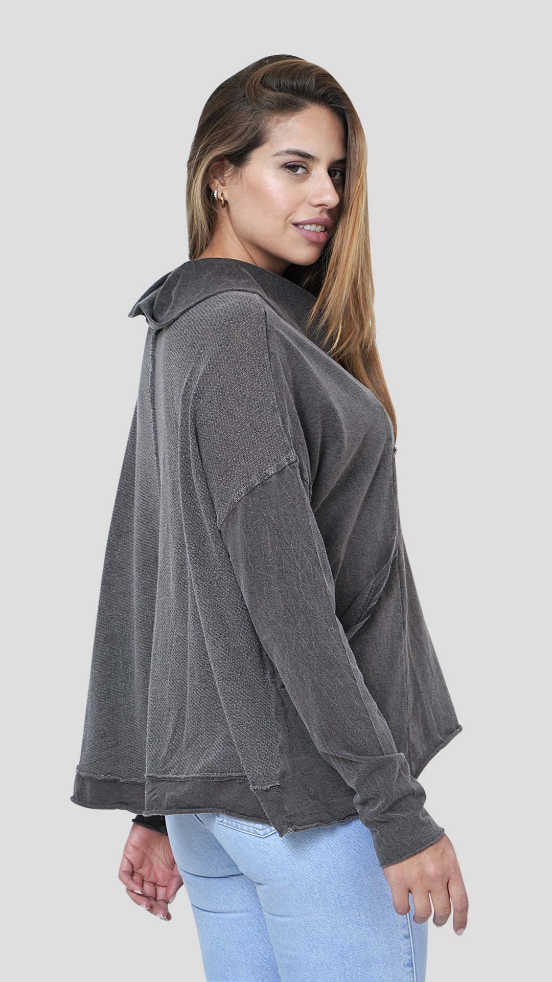 Long Sleeve Cotton Sweatshirt, Side View, in Dark Grey