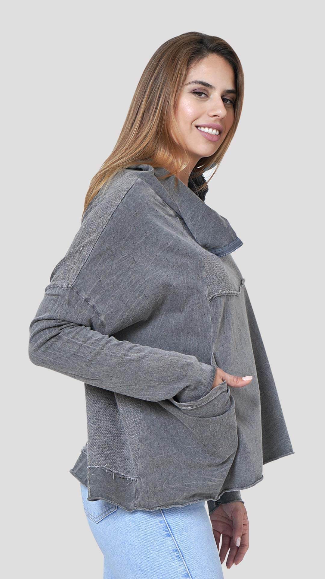 Long Sleeve Cotton Sweatshirt, Side View, in Light Grey
