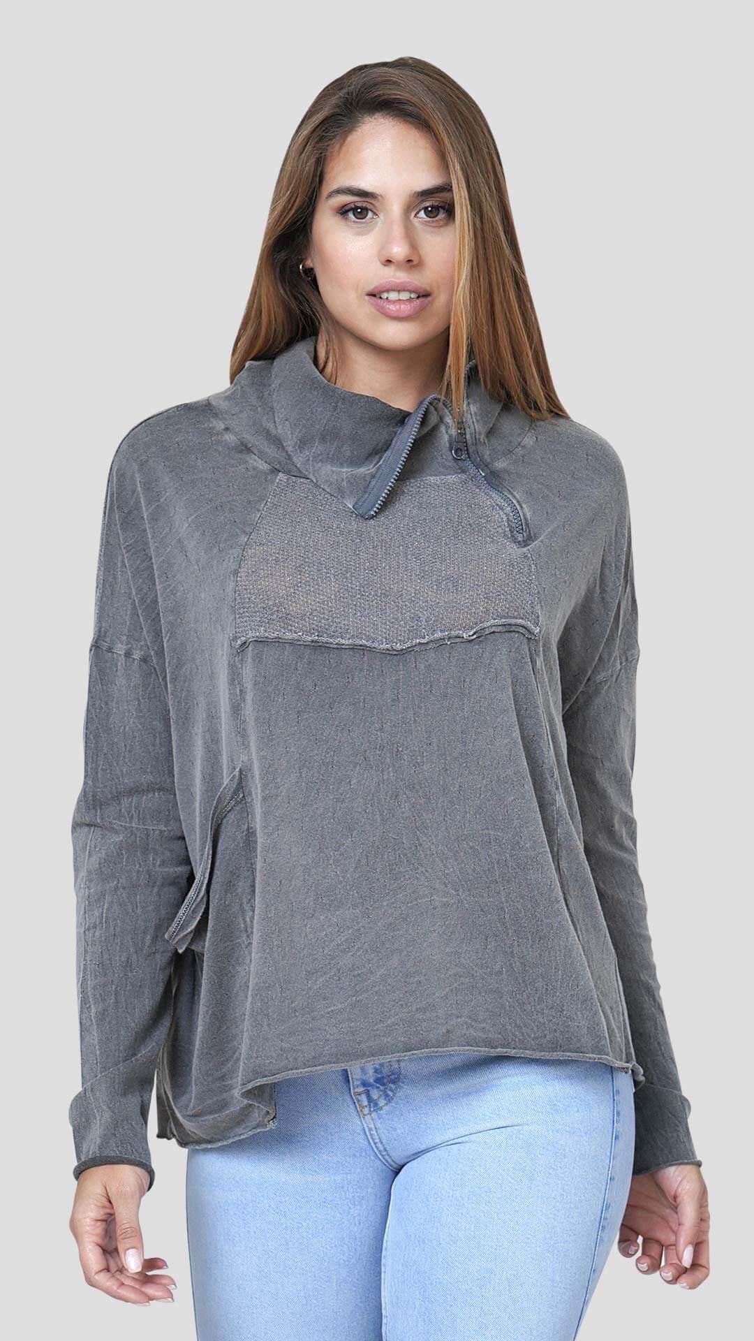 Long Sleeve Cotton Sweatshirt, Front View, in Light Grey