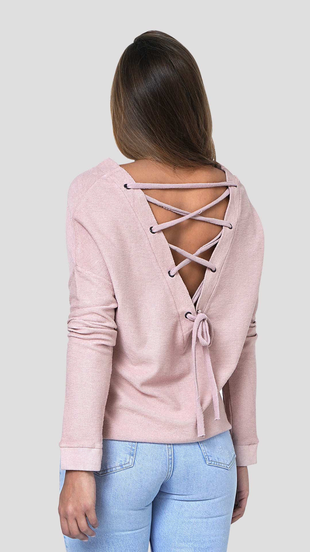 Open Back Ribbon Sweatshirt, in Pink, Backt View