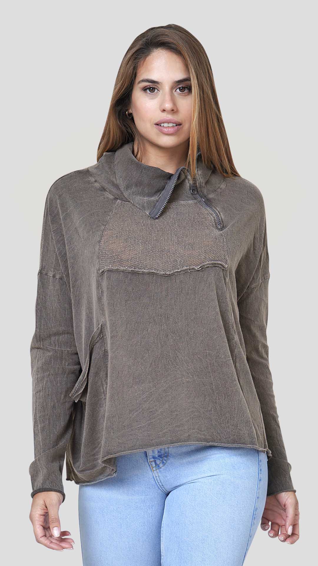 Long Sleeve Cotton Sweatshirt, Front View, in Brown