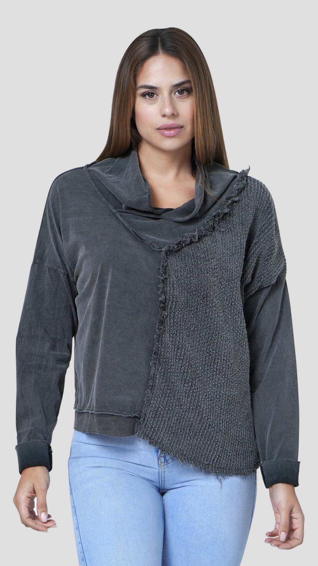 Half Knitted Cotton Sweatshirt, Front View, in Dark Grey