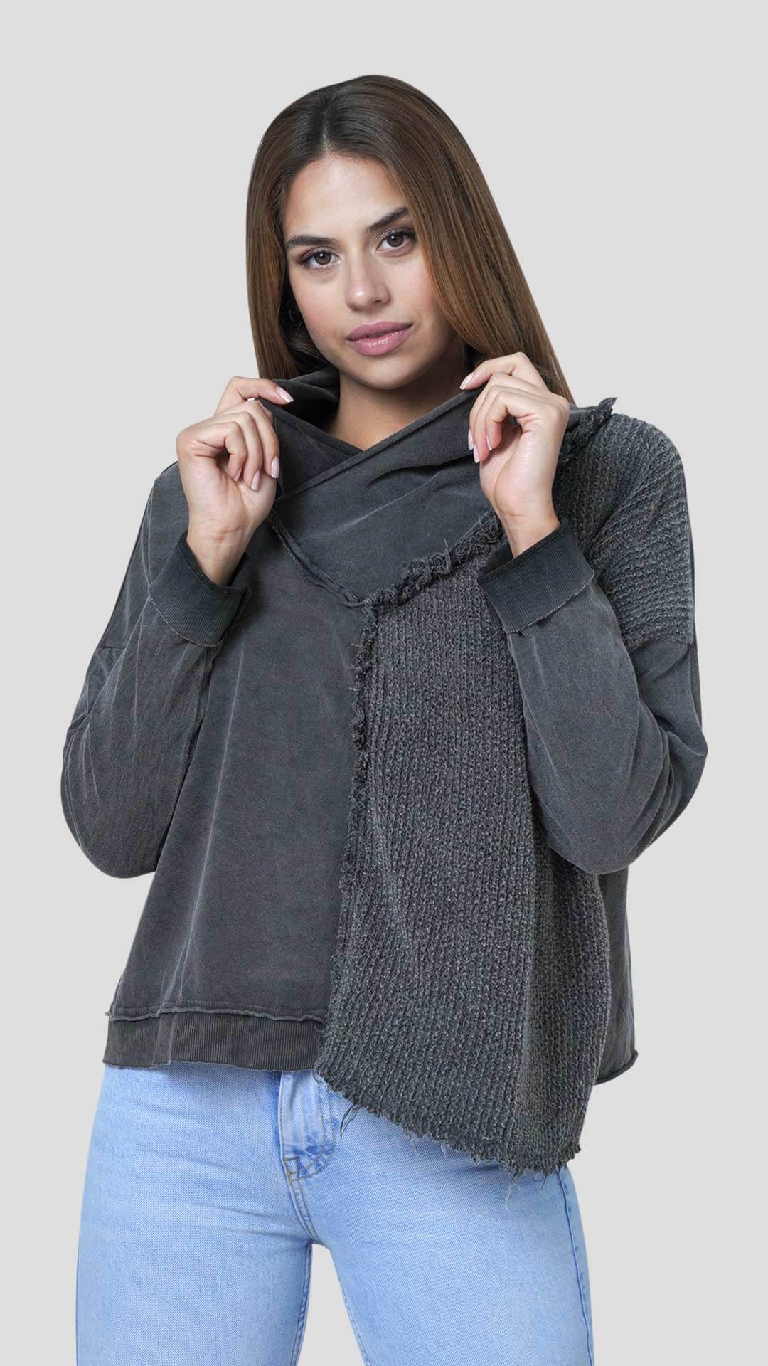 Half Knitted Cotton Sweatshirt, Front View, in Dark Grey