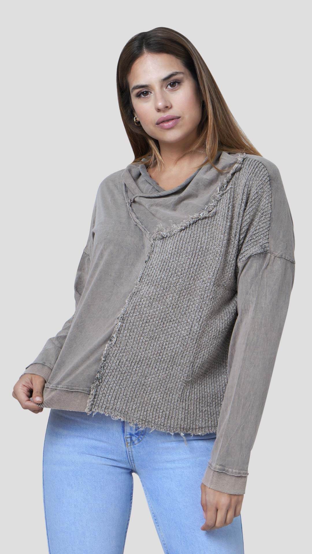 Half Knitted Cotton Sweatshirt, Front View, in Light Brown