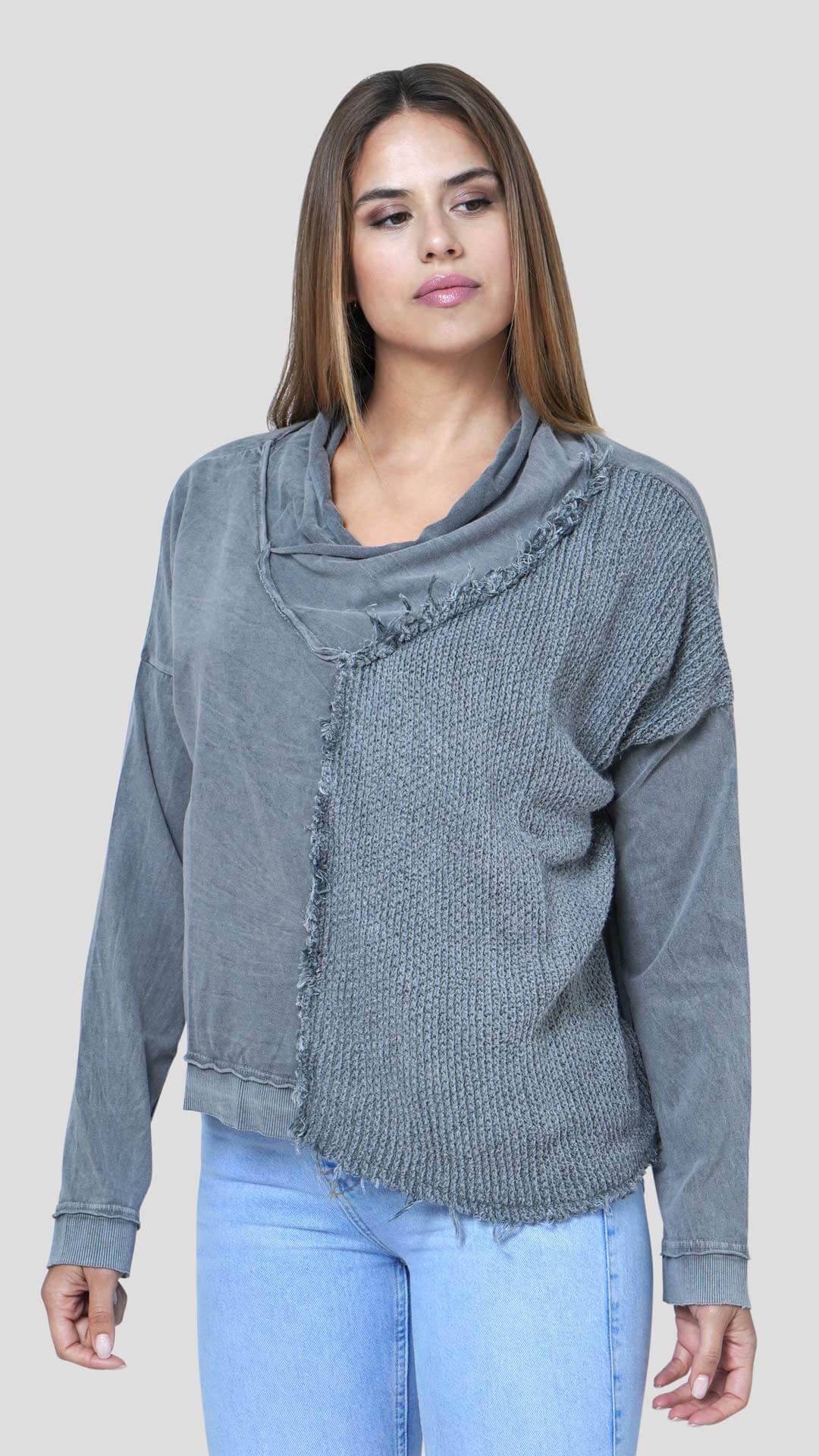 Half Knitted Cotton Sweatshirt, Front View, in Light Grey