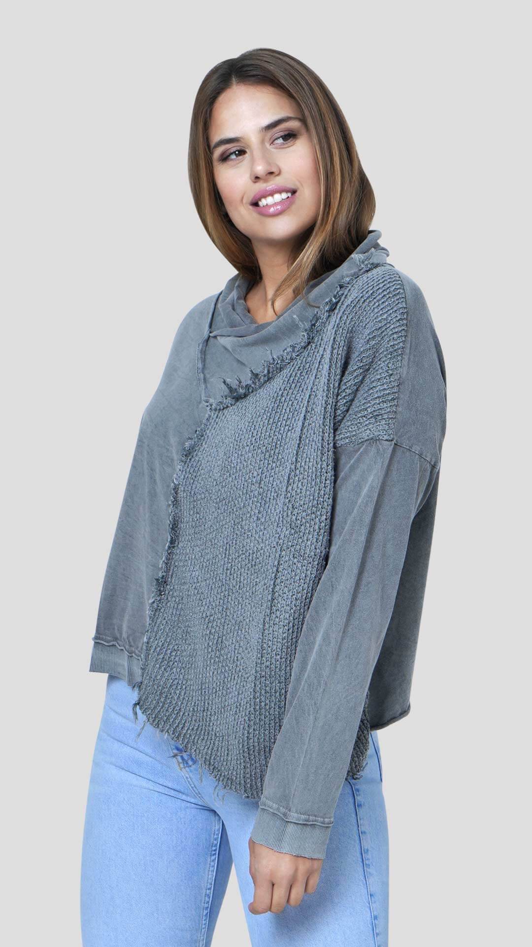 Half Knitted Cotton Sweatshirt, Front View, in Light Grey