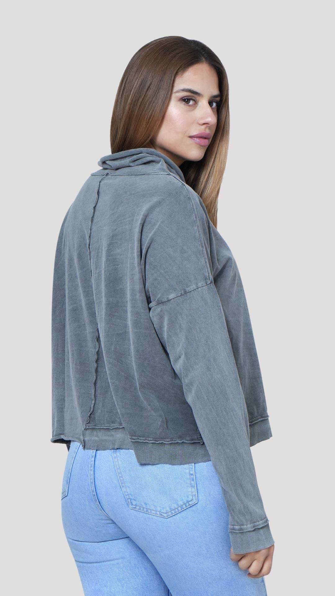 Half Knitted Cotton Sweatshirt, Back View, in Light Grey