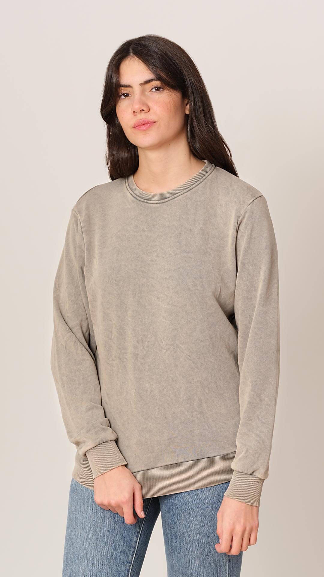 Round Neck Cotton Sweatshirt, Front View, in Light Brown