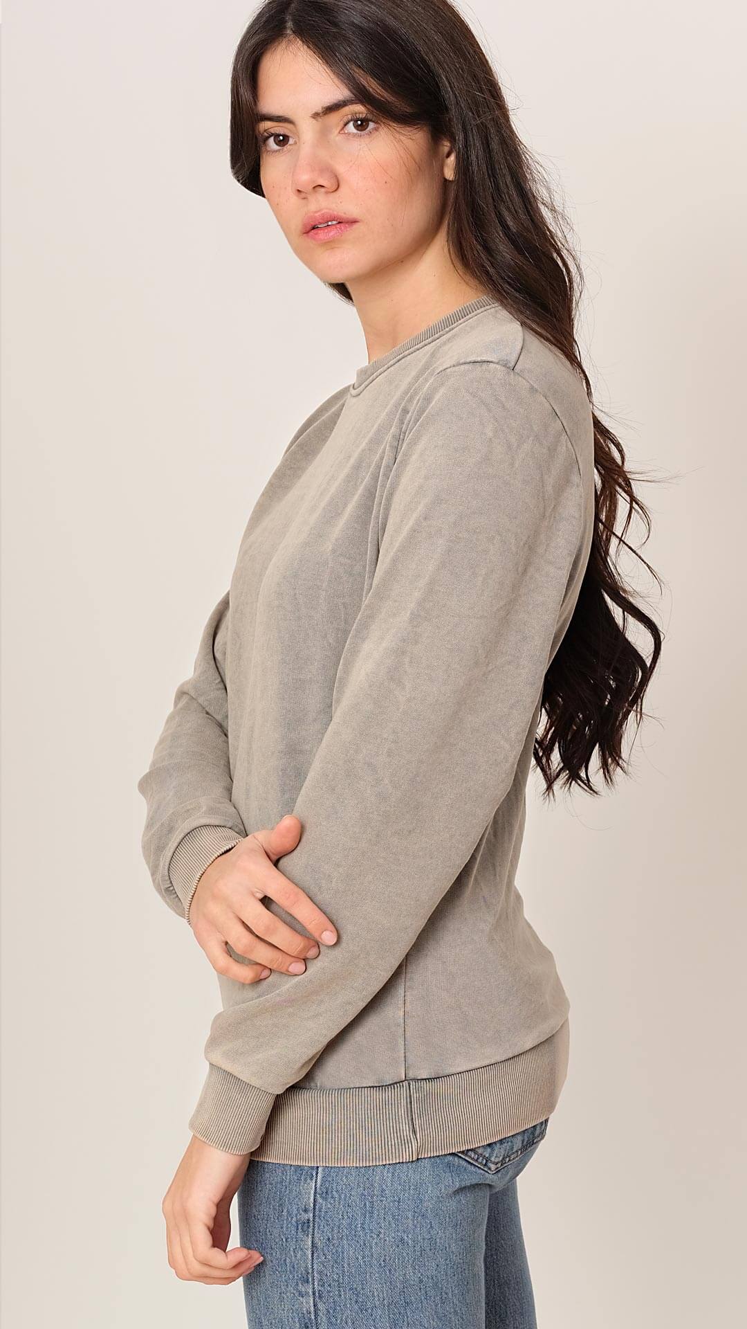 Round Neck Cotton Sweatshirt, Side View, in Light Brown