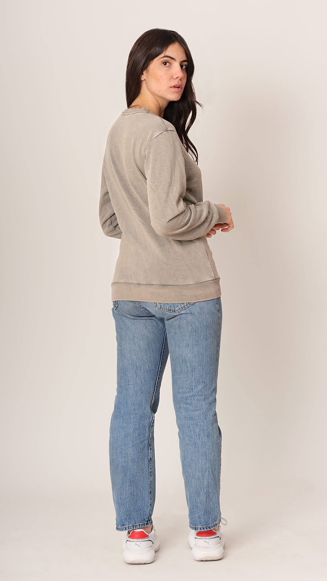 Round Neck Cotton Sweatshirt, Back View, in Light Brown