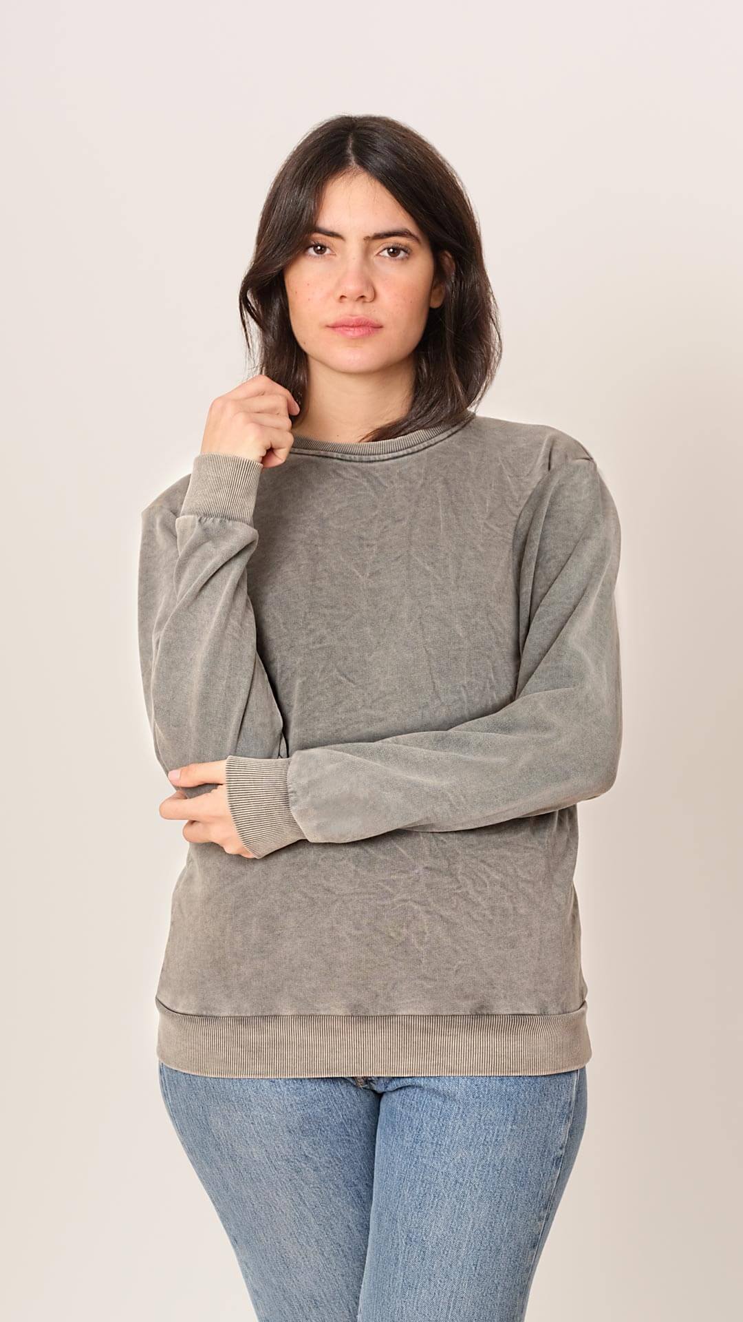 Round Neck Cotton Sweatshirt, Front View, in Light Grey