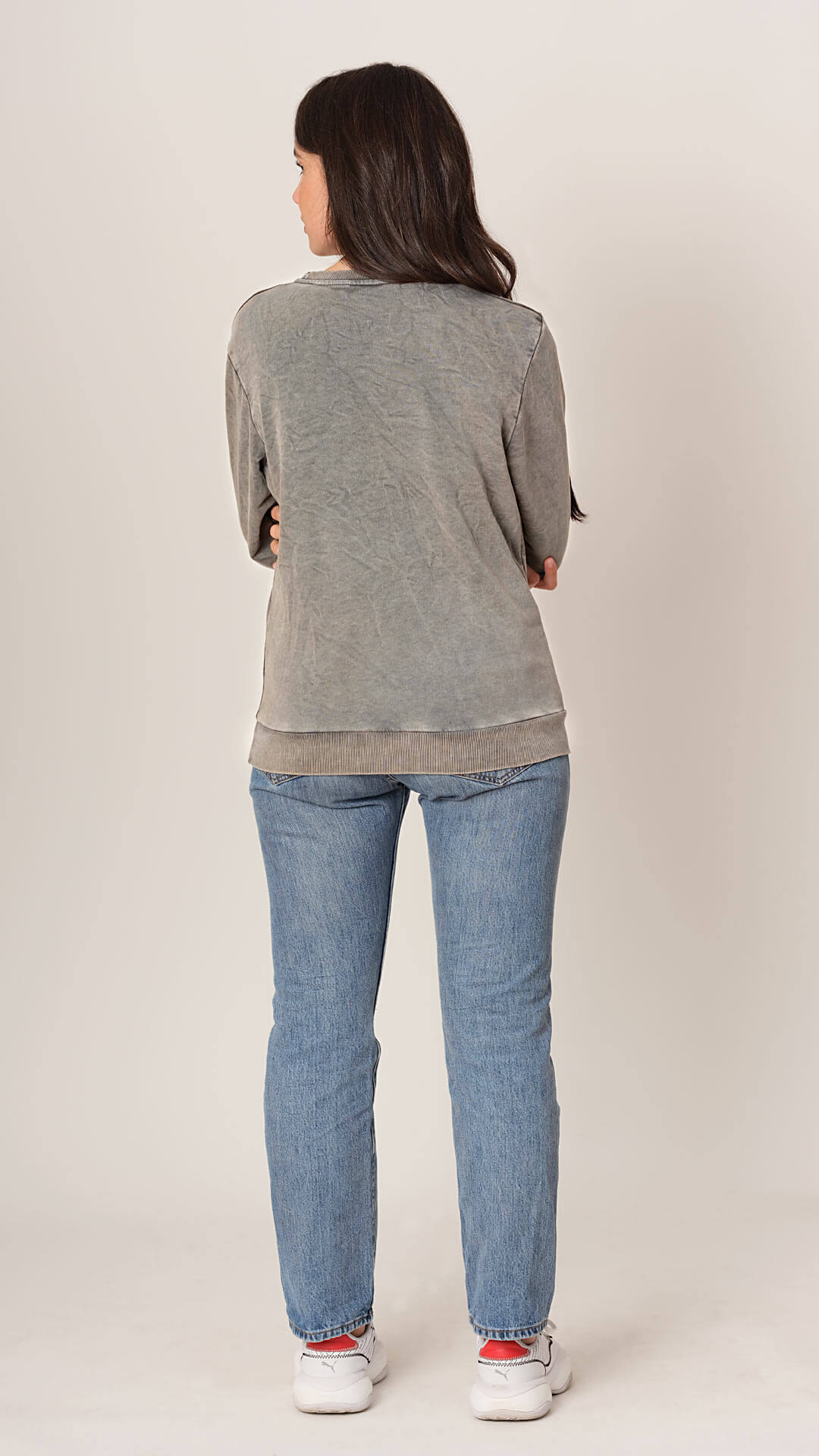 Round Neck Cotton Sweatshirt, Back View, in Light Grey