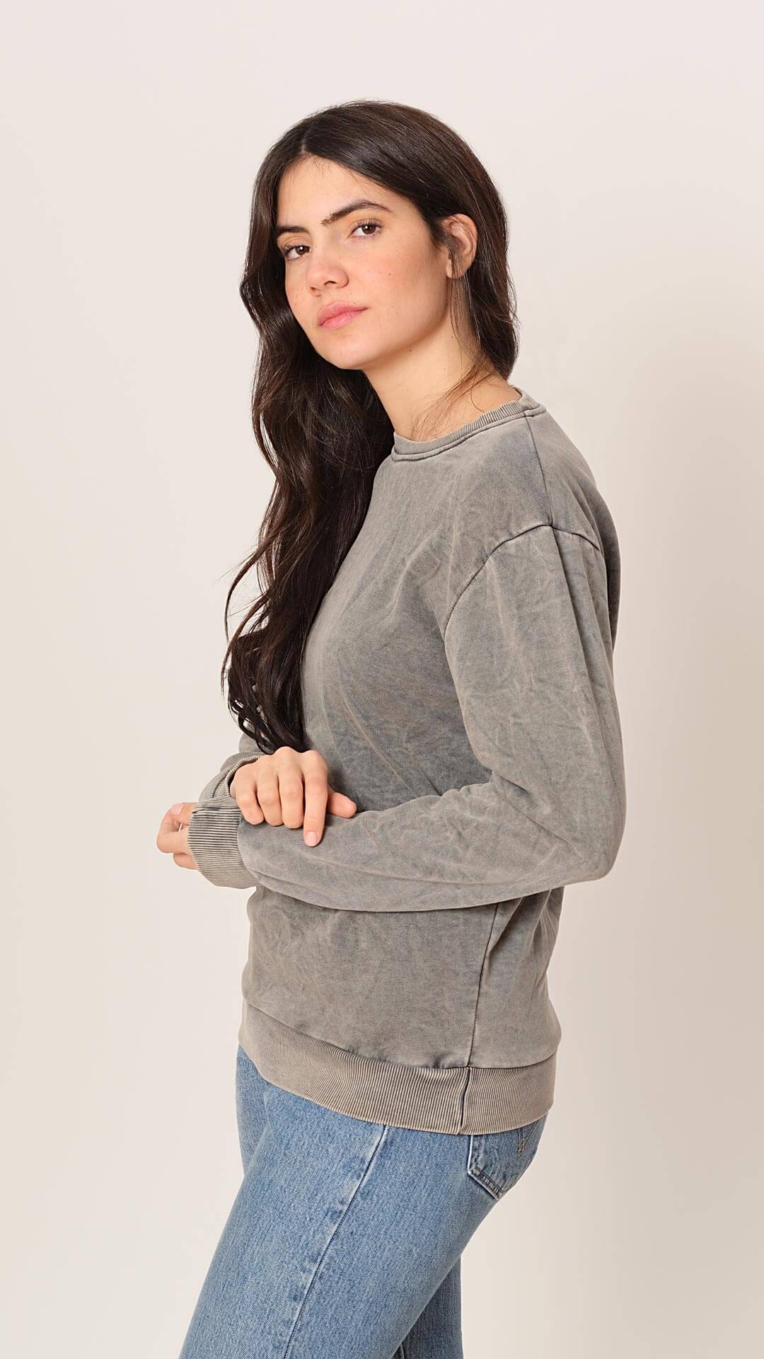 Round Neck Cotton Sweatshirt, Side View, in Light Grey