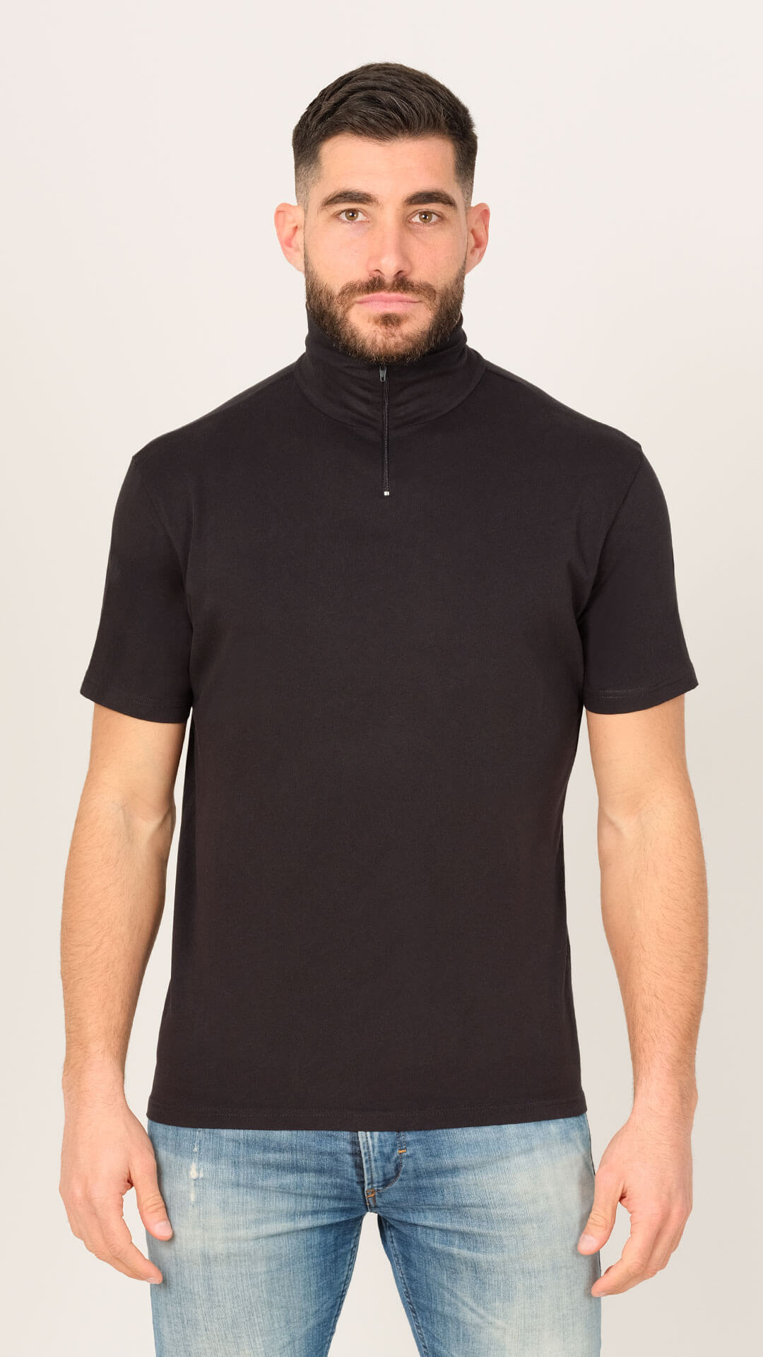 Jones T-Shirt with Zip Collar in Black, Front View