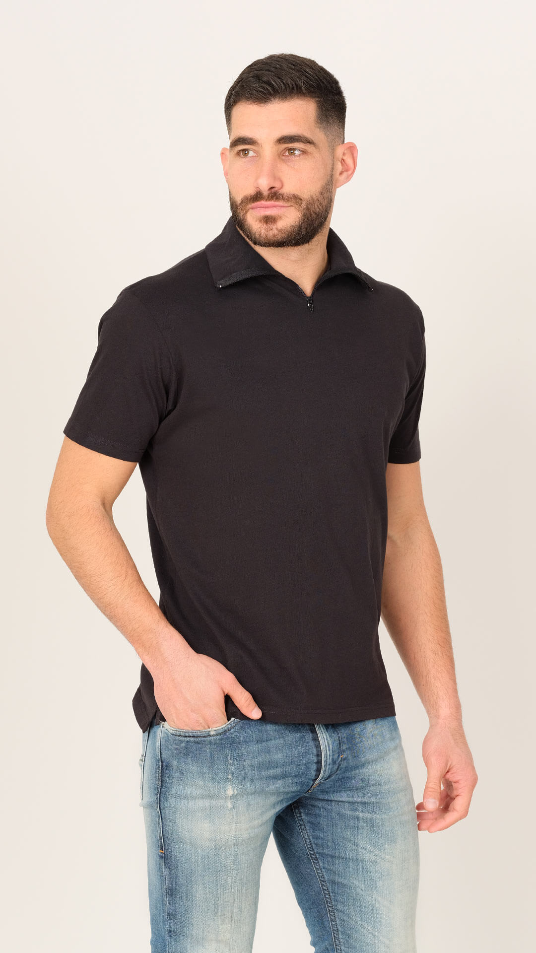 Jones T-Shirt with Zip Collar in Black, Front View