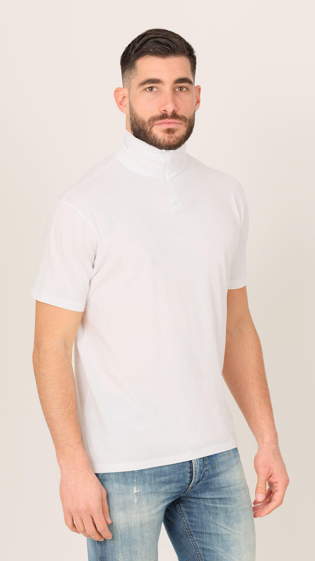Jones T-Shirt with Zip Collar in White, Front View