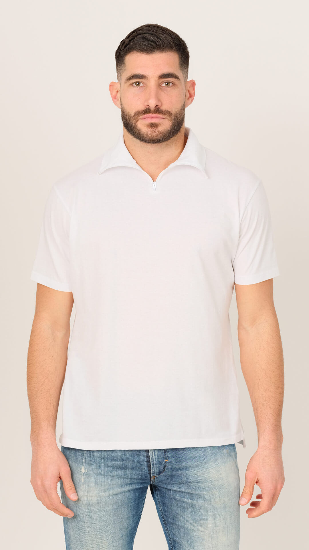 Jones T-Shirt with Zip Collar in White, Front View