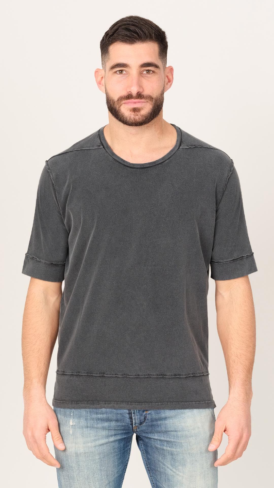 Men's External Seams T-Shirt on Dark Grey, Front View