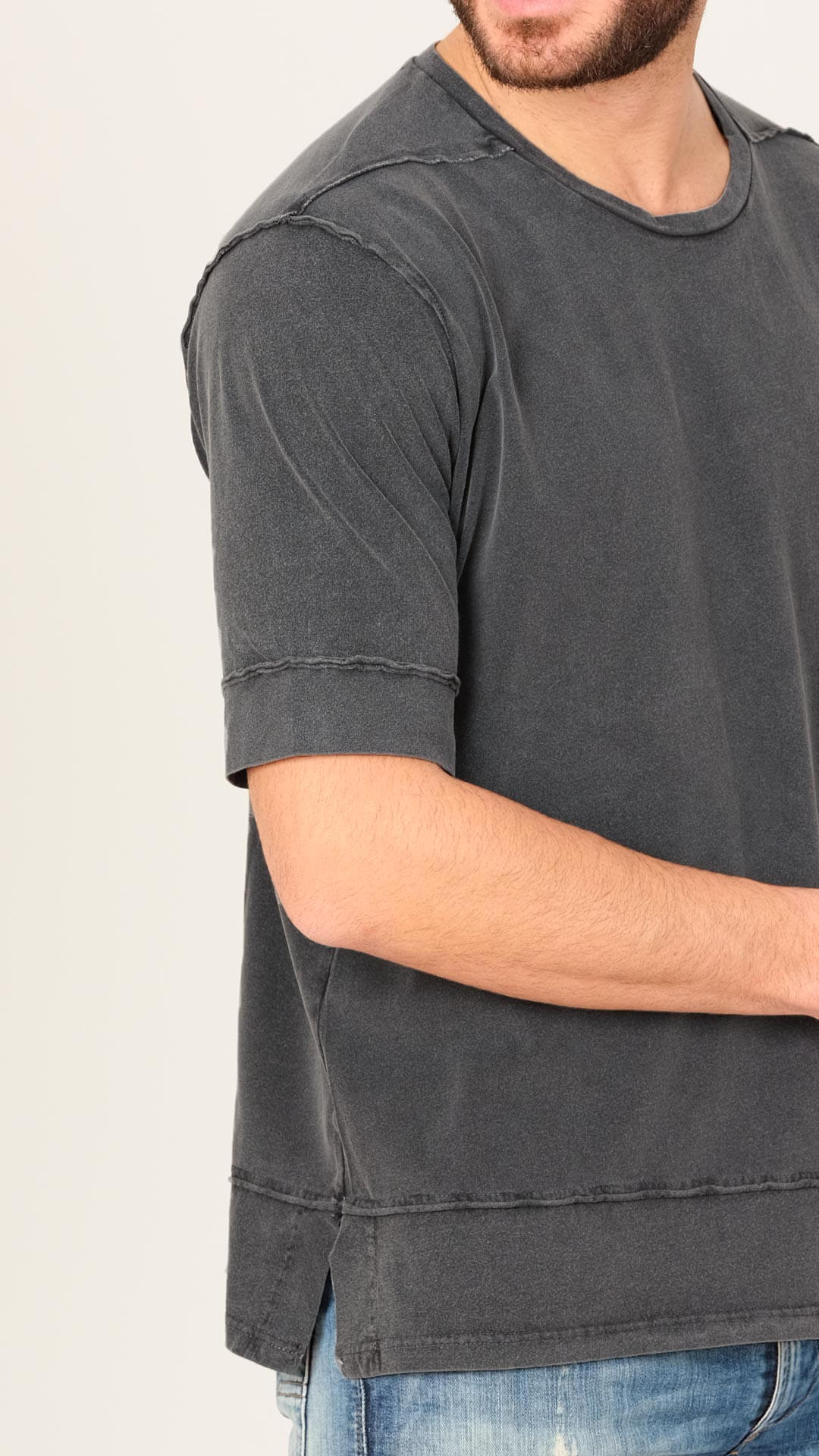 Men's External Seams T-Shirt on Dark Grey, Close Up