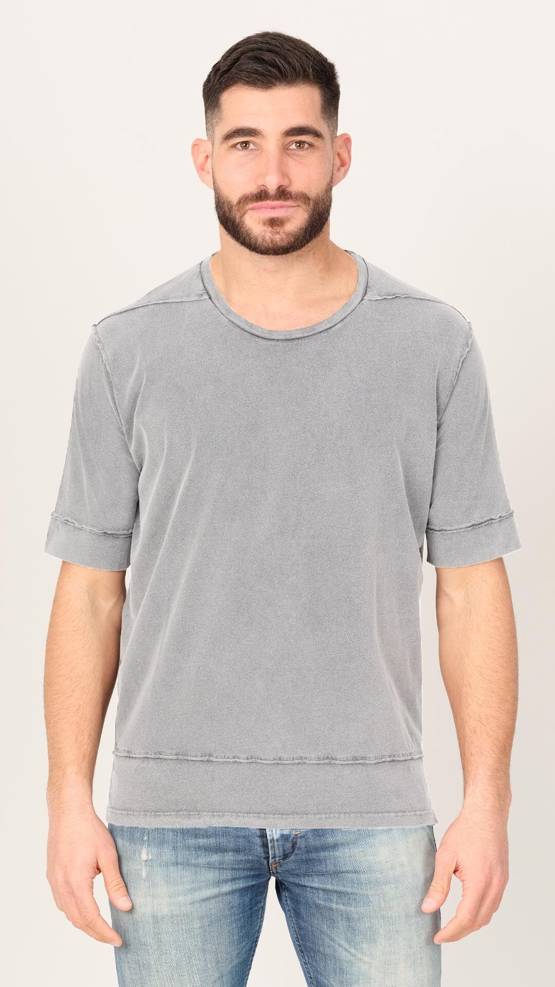 Men's External Seams T-Shirt on Light Grey, Front View