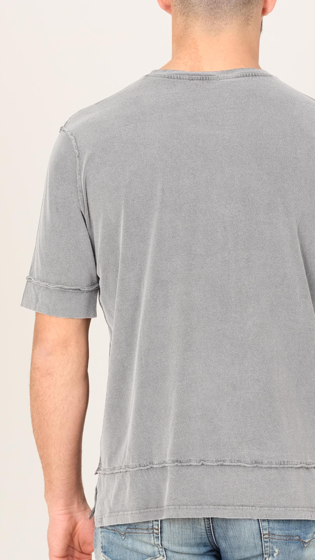 Men's External Seams T-Shirt on Light Grey, Back View