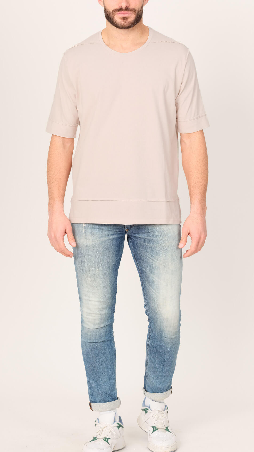 Men's External Seams T-Shirt on Light Pink, Front View