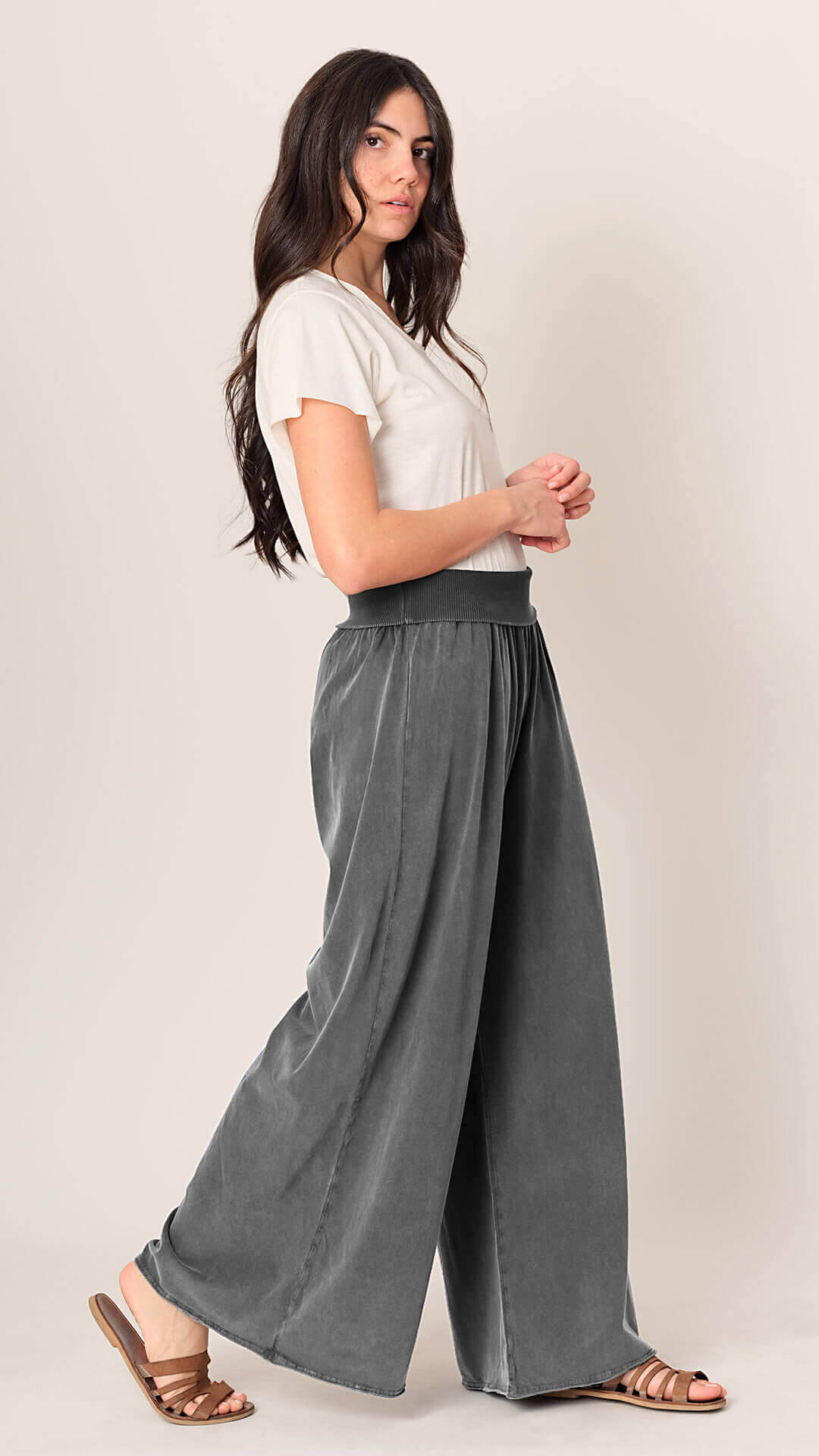 Wide-Leg Cotton Trousers, Side View, in Dark Grey