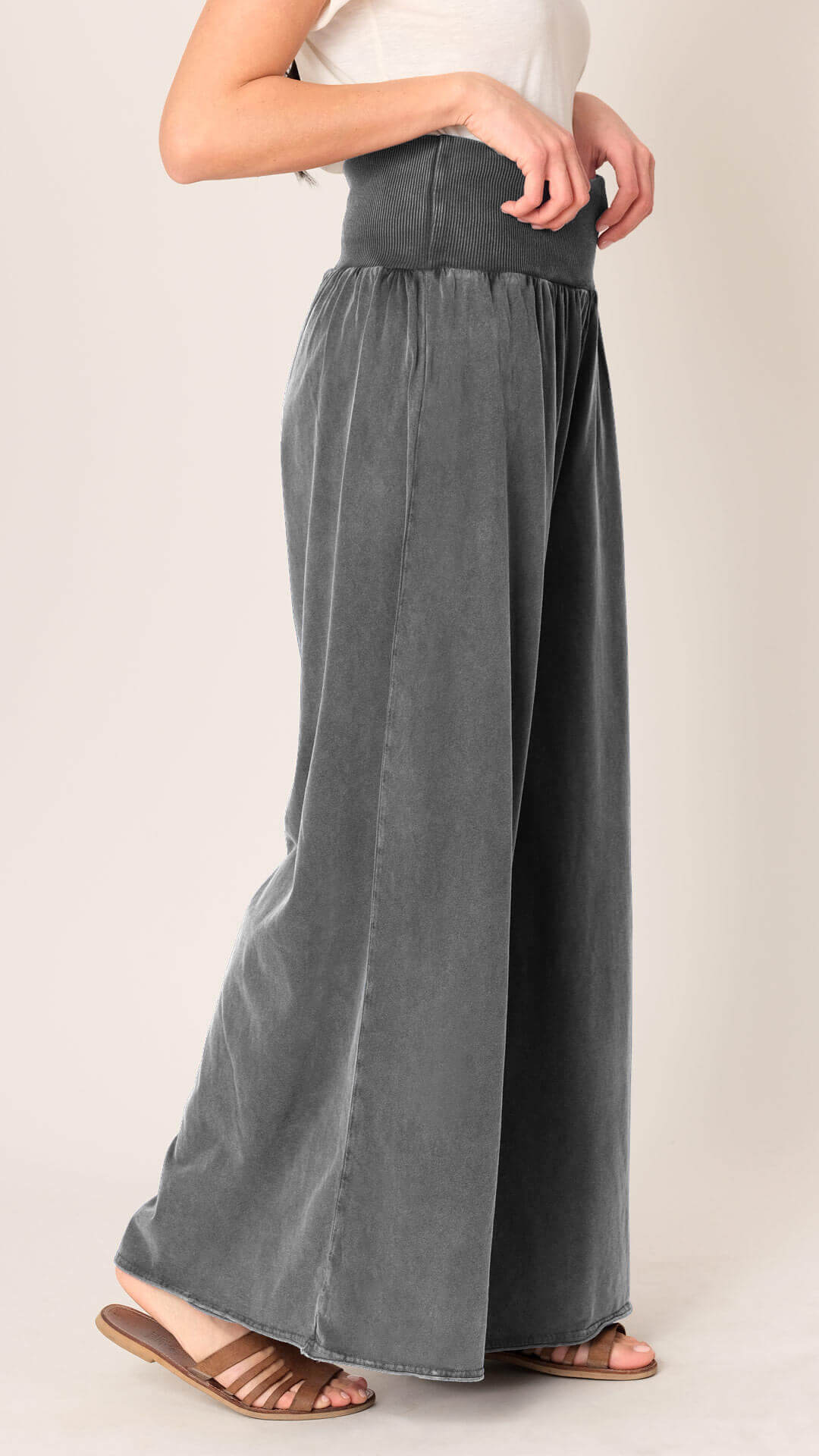 Wide-Leg Cotton Trousers, Side View, in Dark Grey