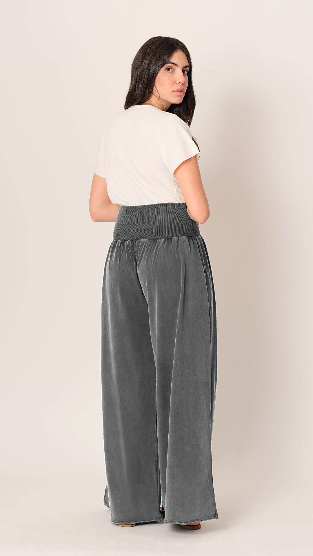 Wide-Leg Cotton Trousers, Back View, in Dark Grey