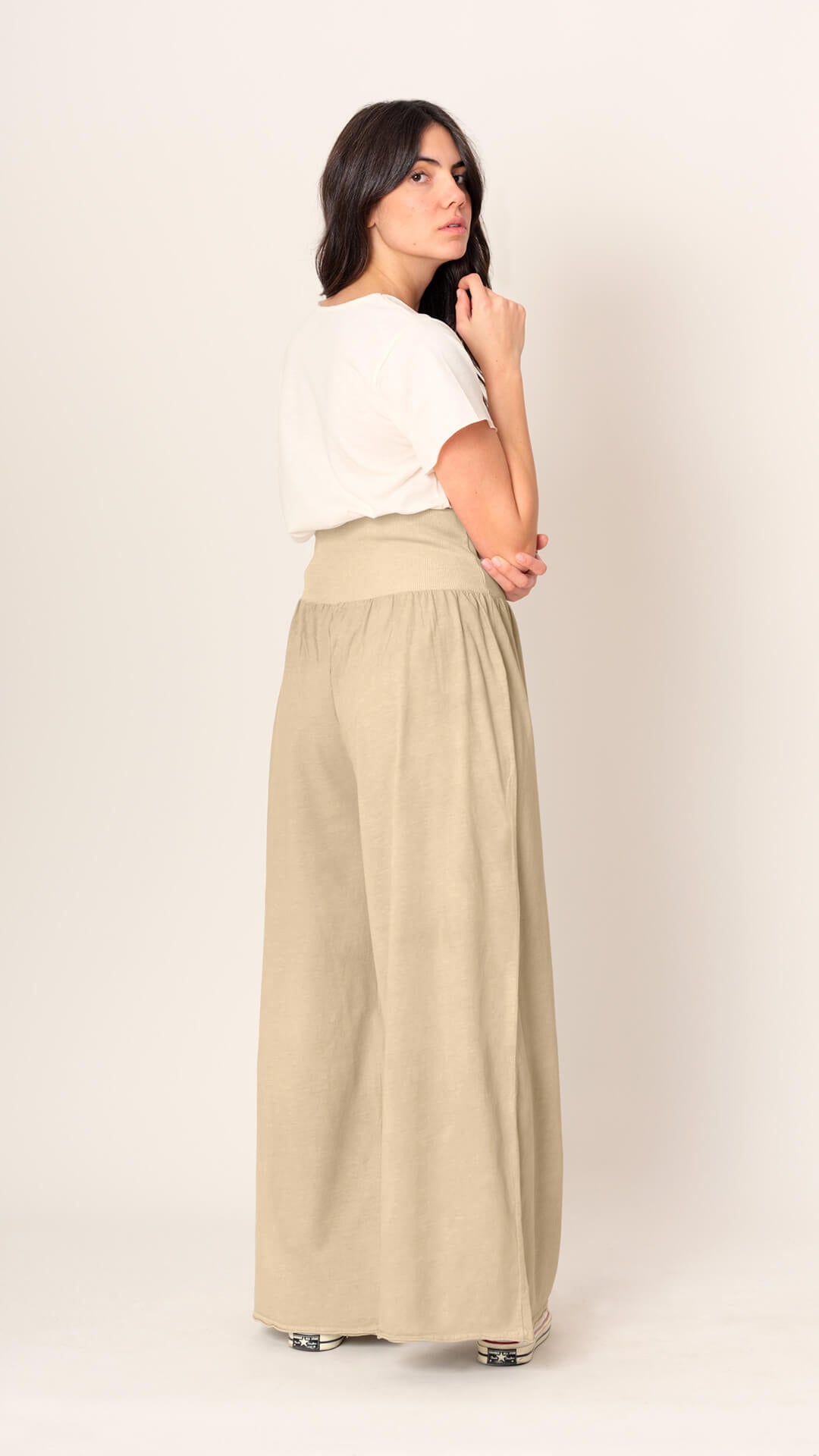 Wide-Leg Cotton Trousers, Back View, in Desert Brown