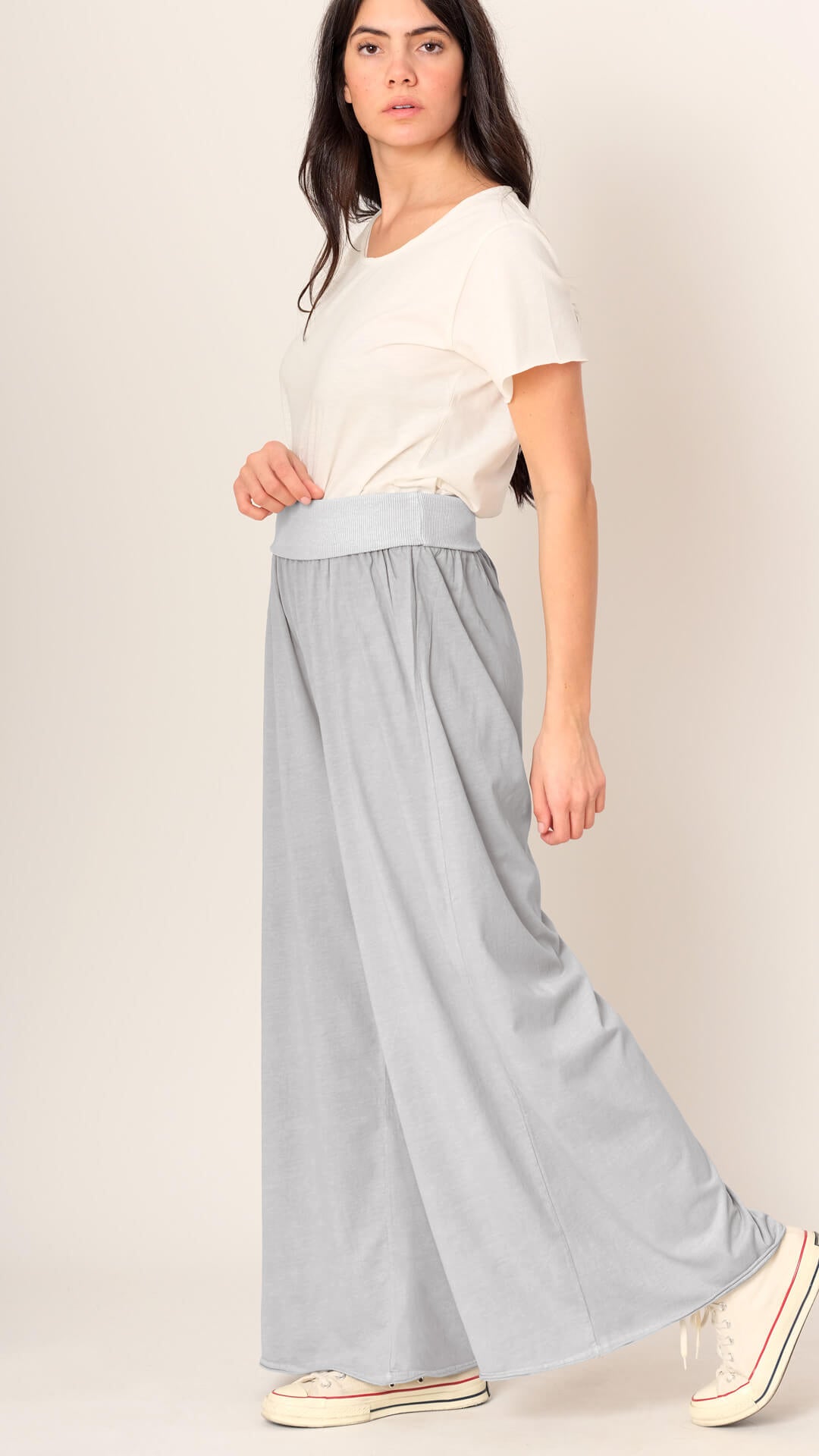 Wide-Leg Cotton Trousers, Side View, in Light Grey