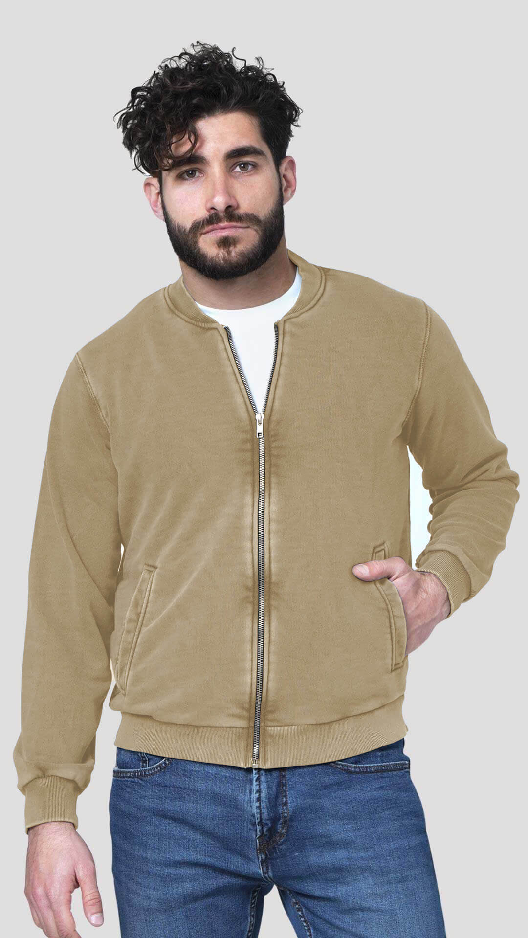 Bomber Style Cotton Jacket, Front View in Brown