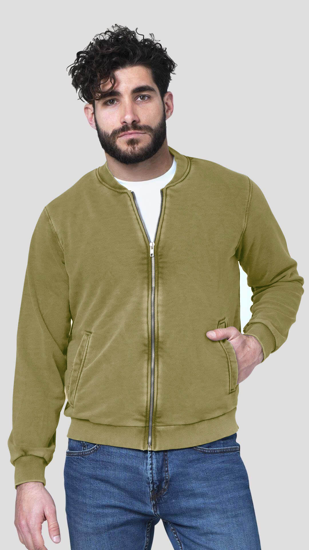 Bomber Style Cotton Jacket, Front View in Green