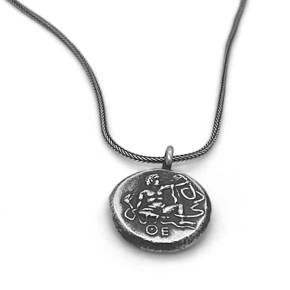 Silver Didrachm of Thebes 410 BC necklace showing Heracles taming serpents on twisted silver chain