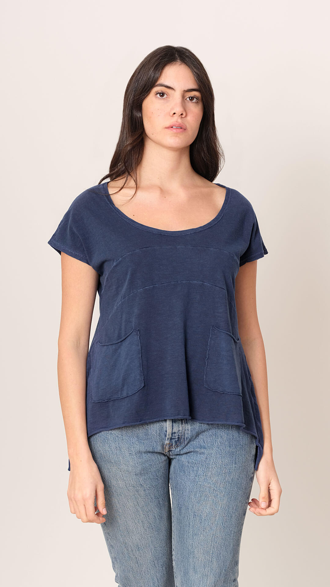 Barbara dark blue cotton top with asymmetrical hem and pockets - front view
