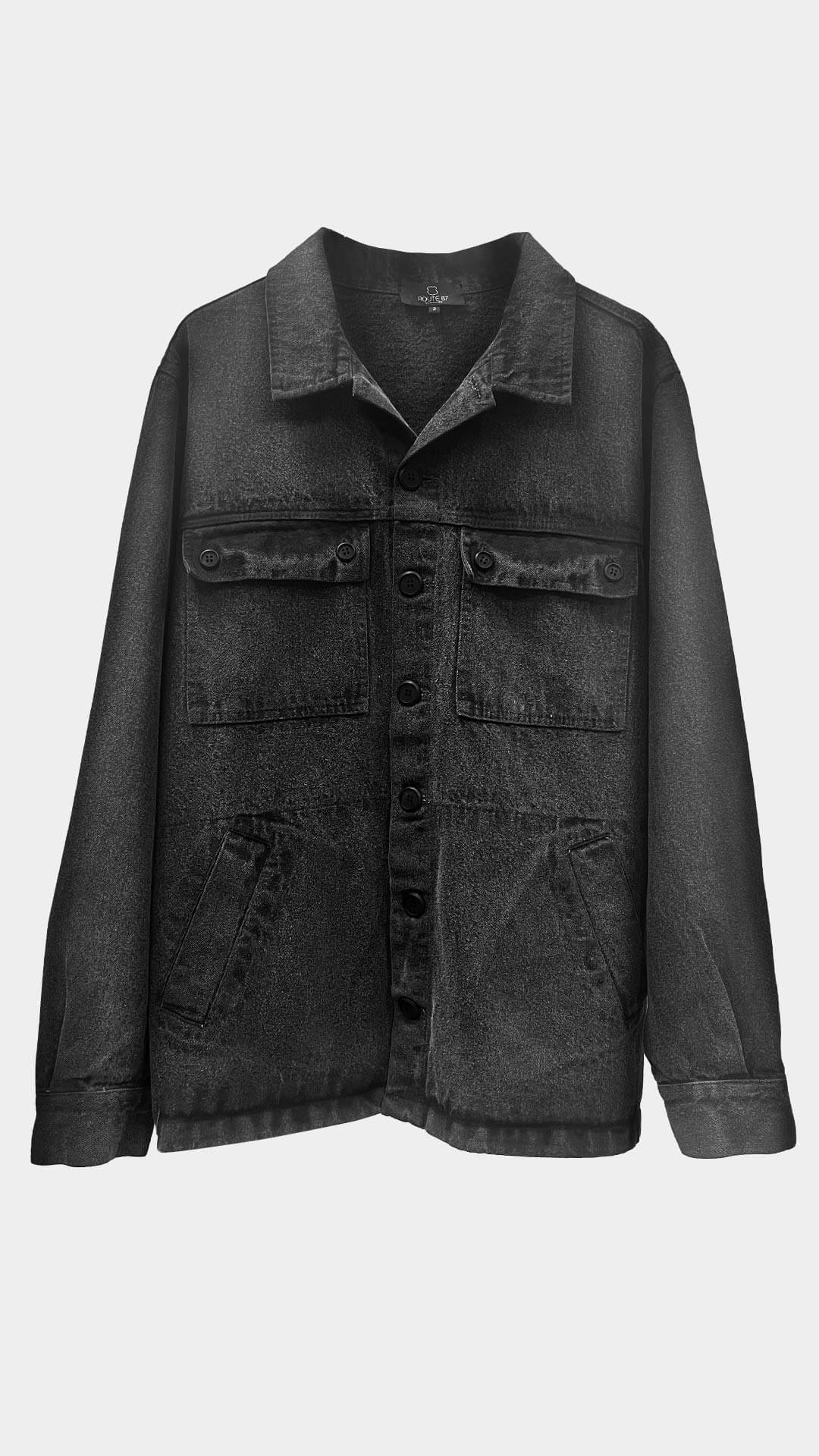 Denim Jacket with Shirt Collar, Front View in Dark Grey