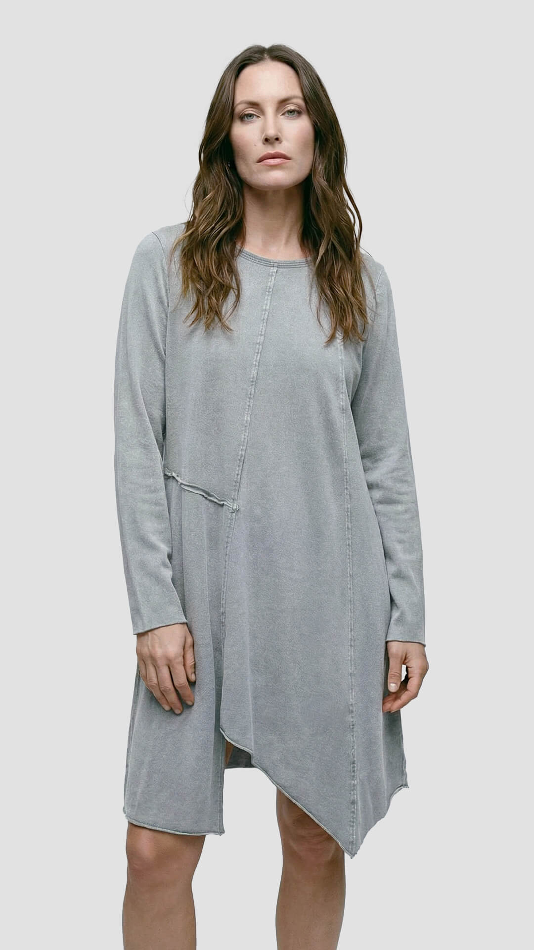 Raw Seams Dress in Light Grey front view