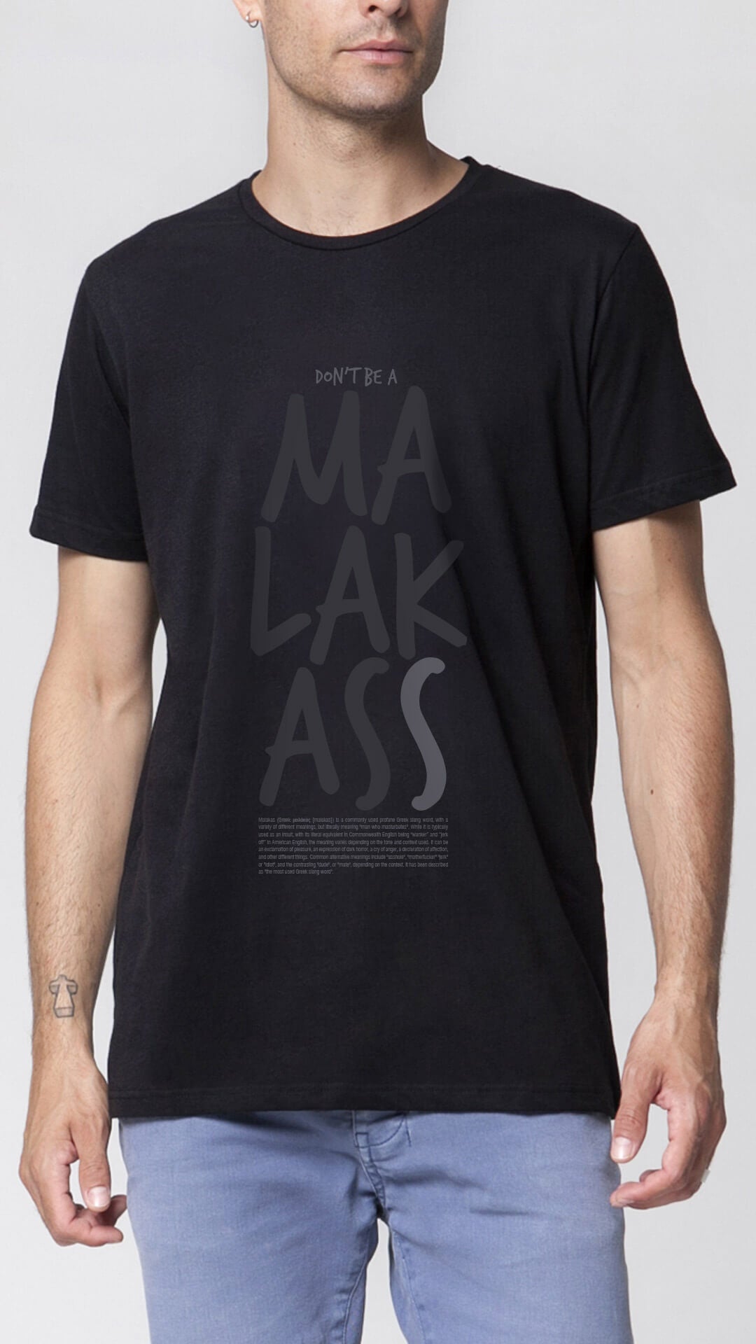Cotton T-shirt with Silkprint "DON'T BE A MALAKASS" in Black, Front View