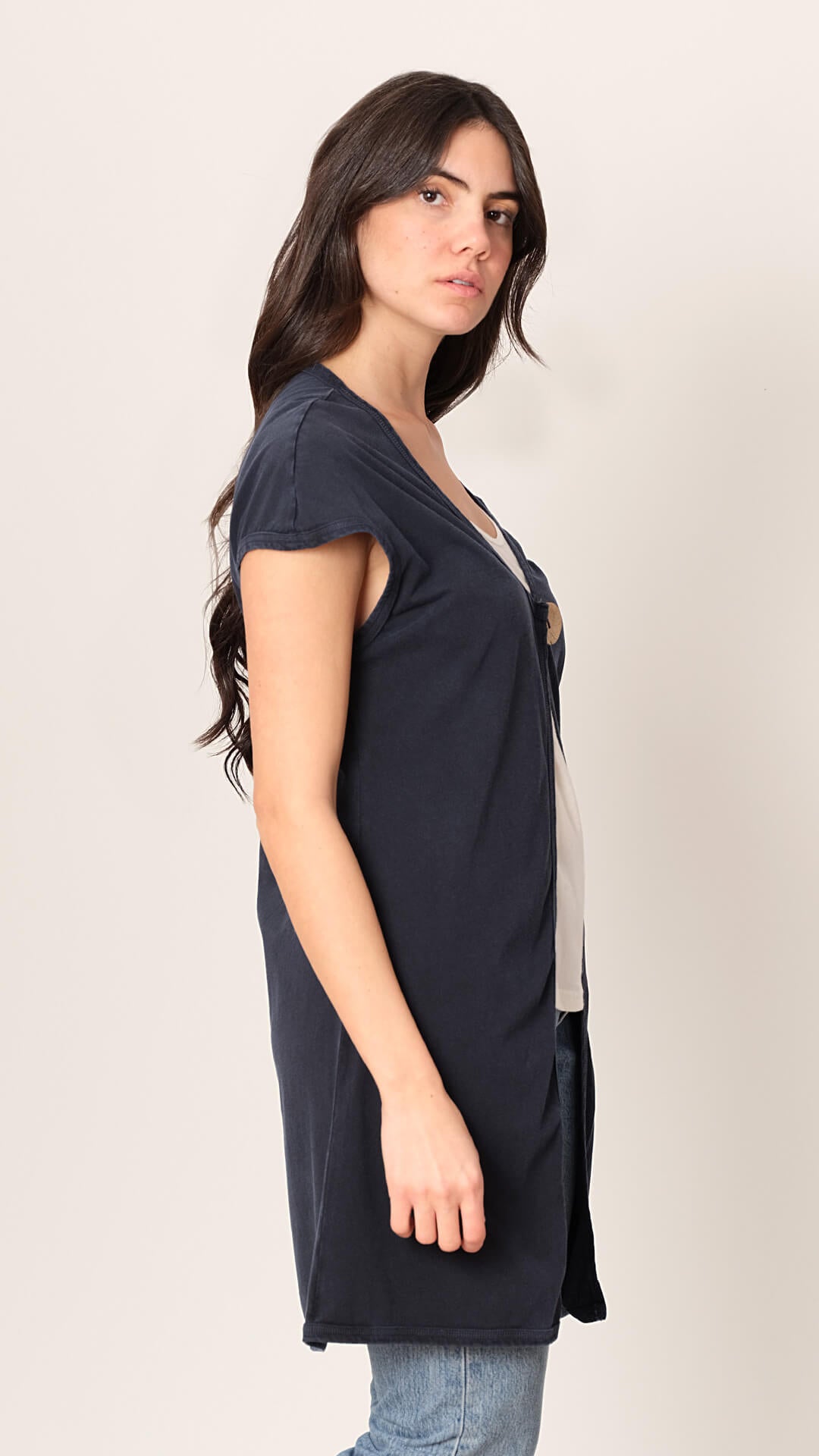 Naya cardigan in dark blue, side view, premium cotton made in Athens Greece