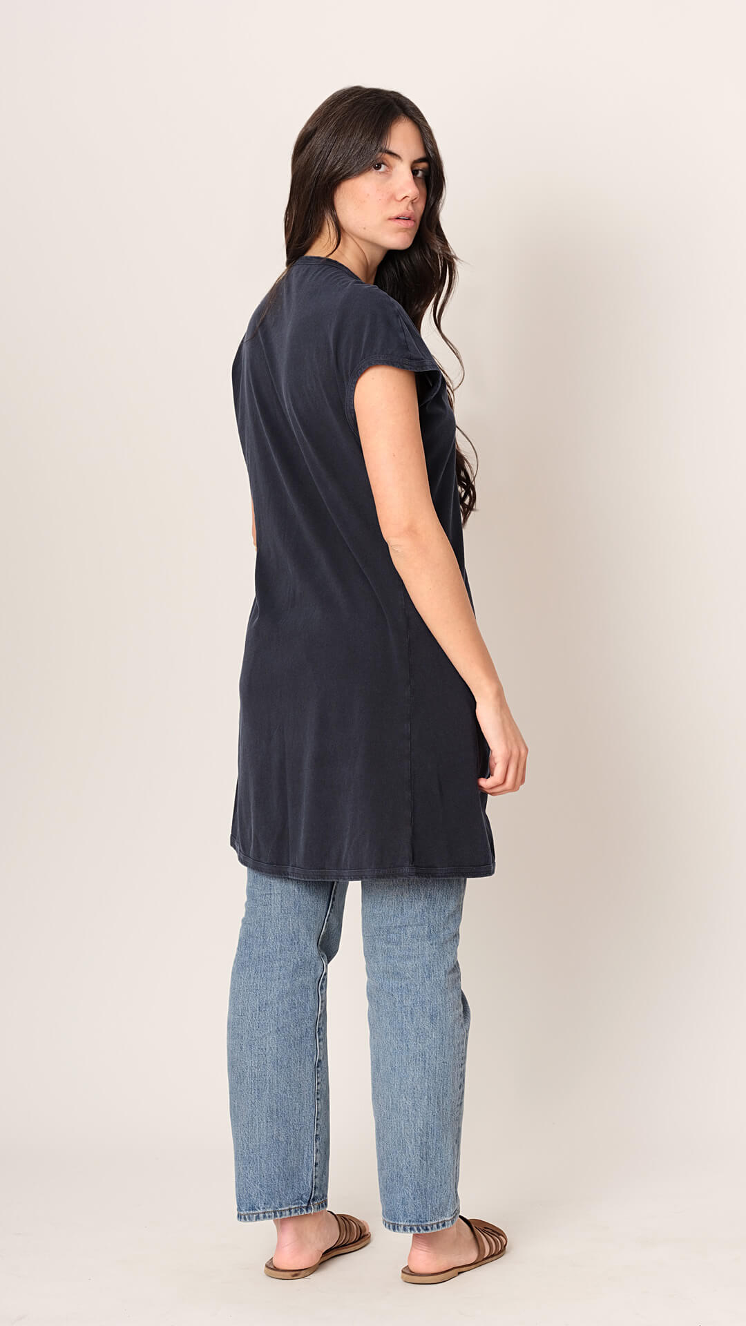 Naya cardigan in dark blue, back view, premium cotton made in Athens Greece