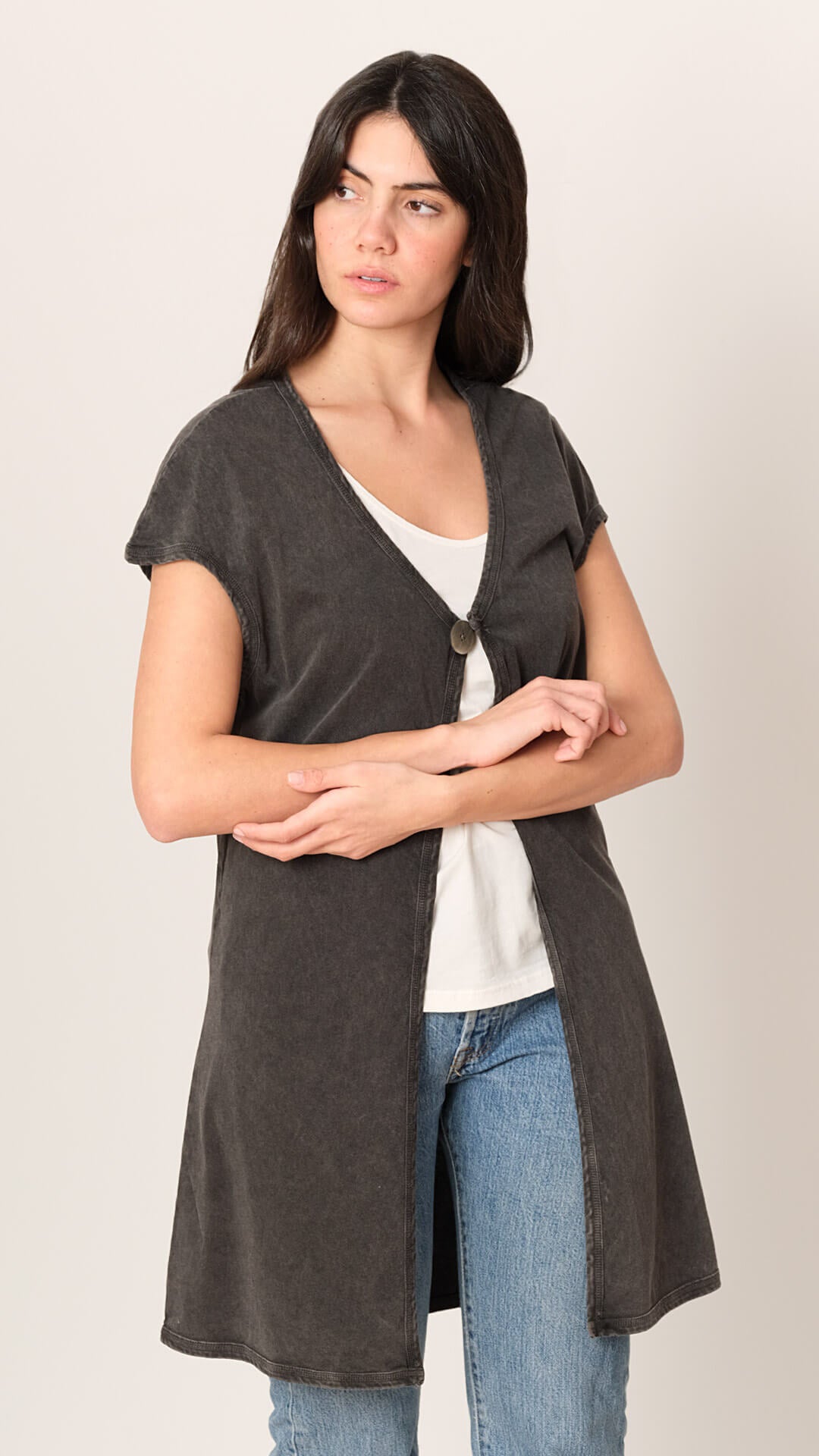 Naya cardigan in dark grey, front view, premium cotton made in Athens Greece