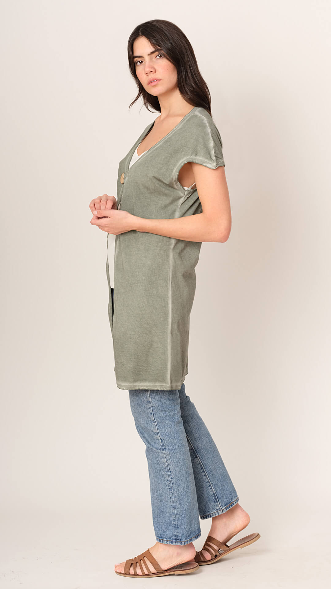 Naya cardigan in green, side view, premium cotton made in Athens Greece