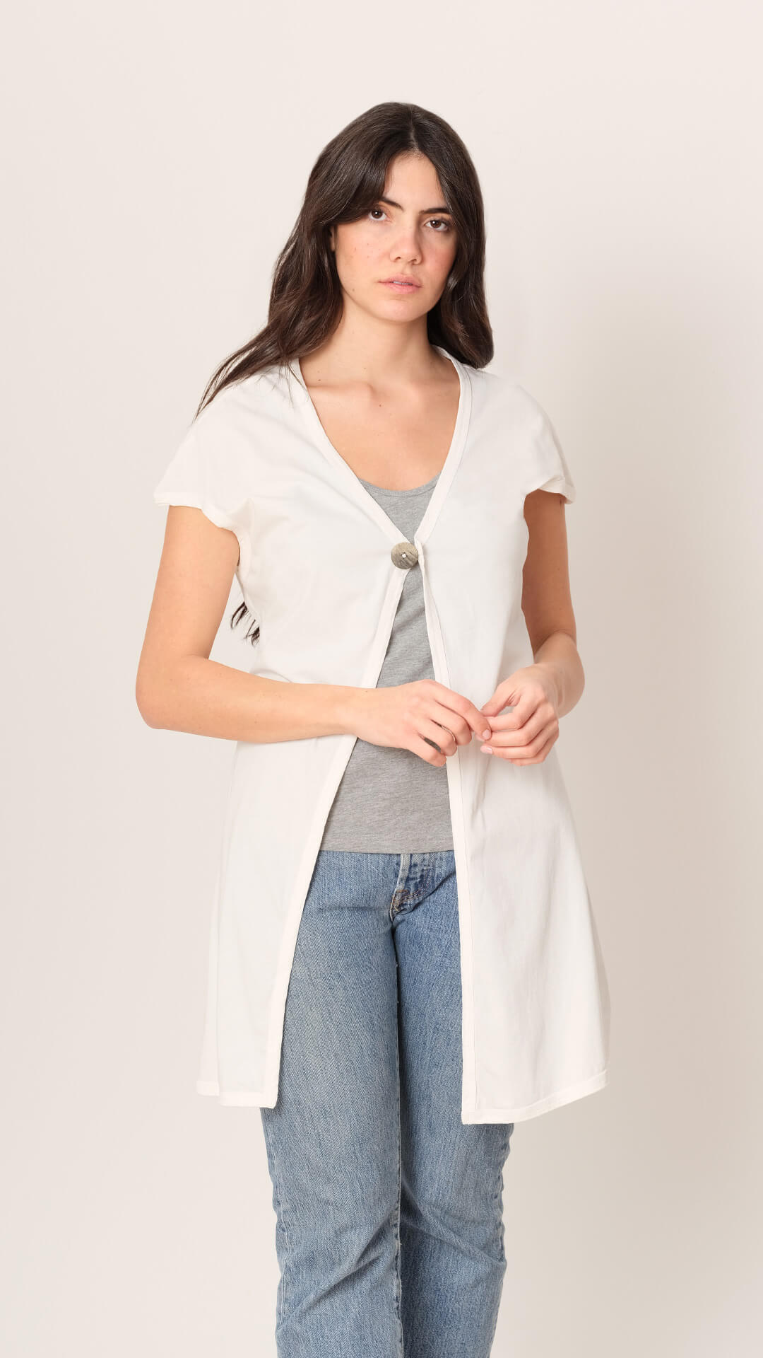 Naya cardigan in white, front view, premium cotton made in Athens Greece