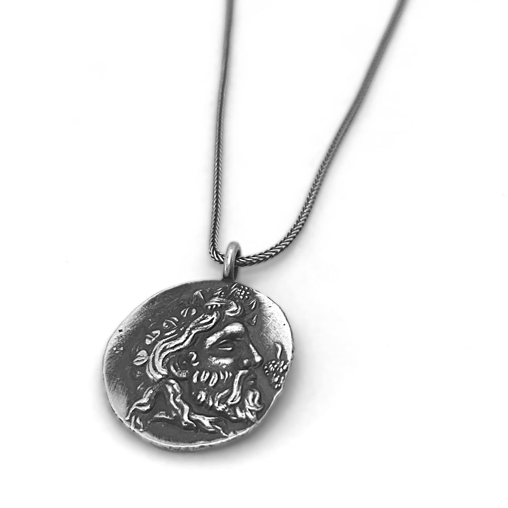 Silver Stater of Sybritos Crete 320-280 BC showing bearded head of Dionysus on twisted silver chain necklace