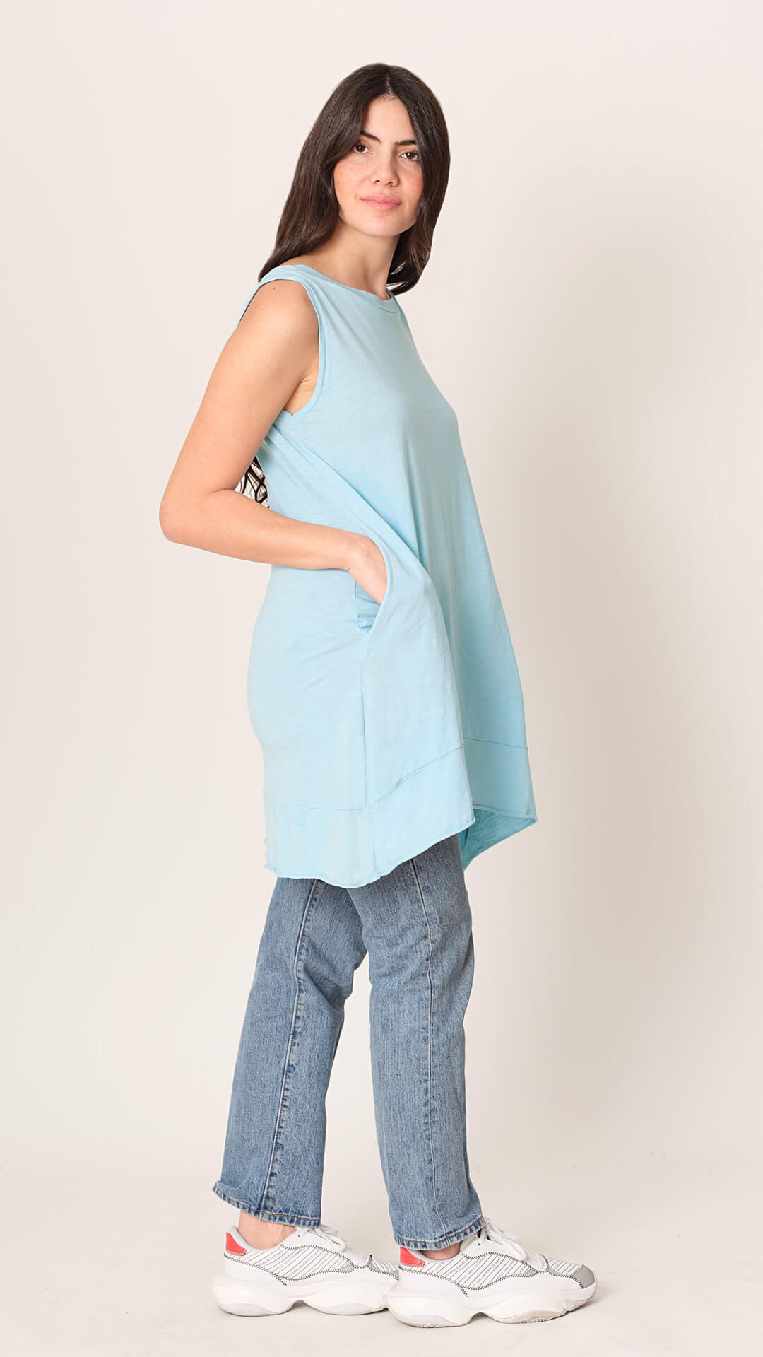 Vannessa boat neck sleeveless t-shirt-dress in light blue -side view
