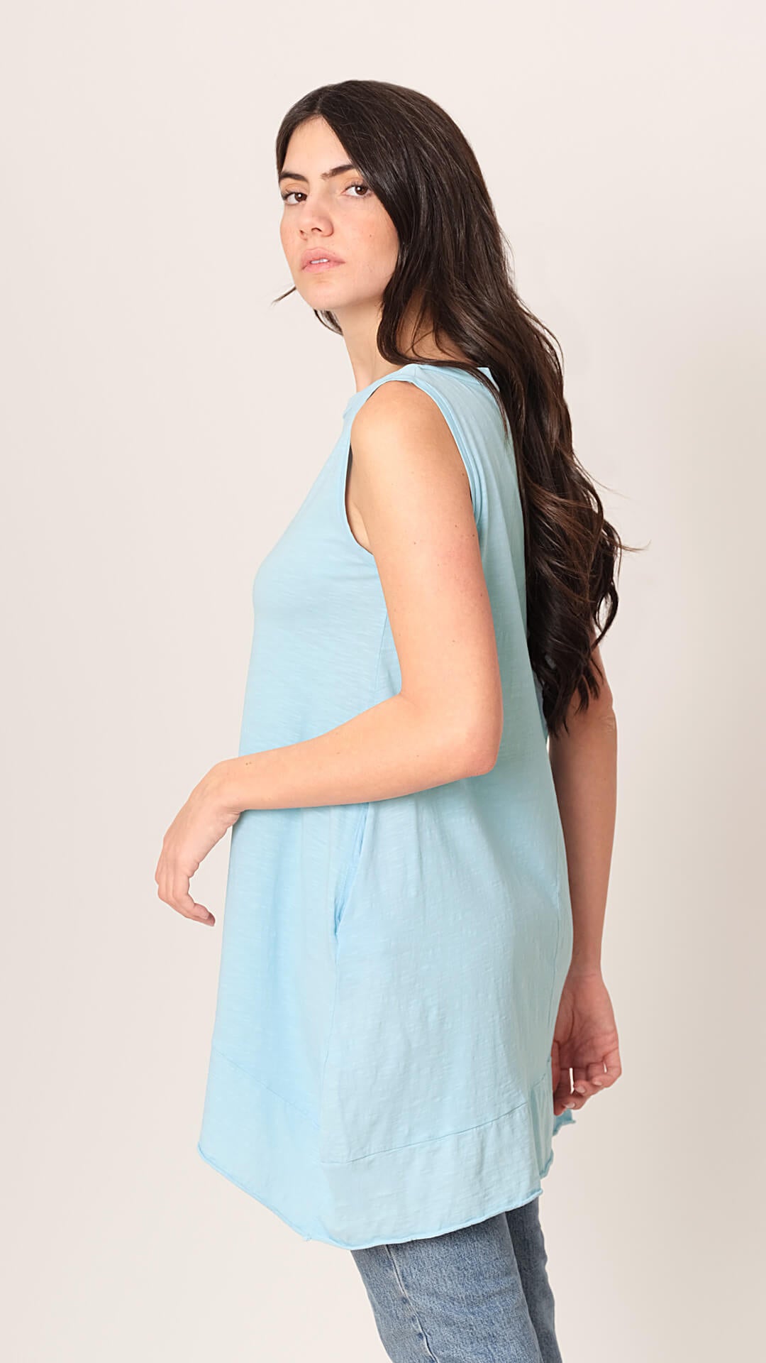 Vannessa boat neck sleeveless t-shirt-dress in light blue -side view