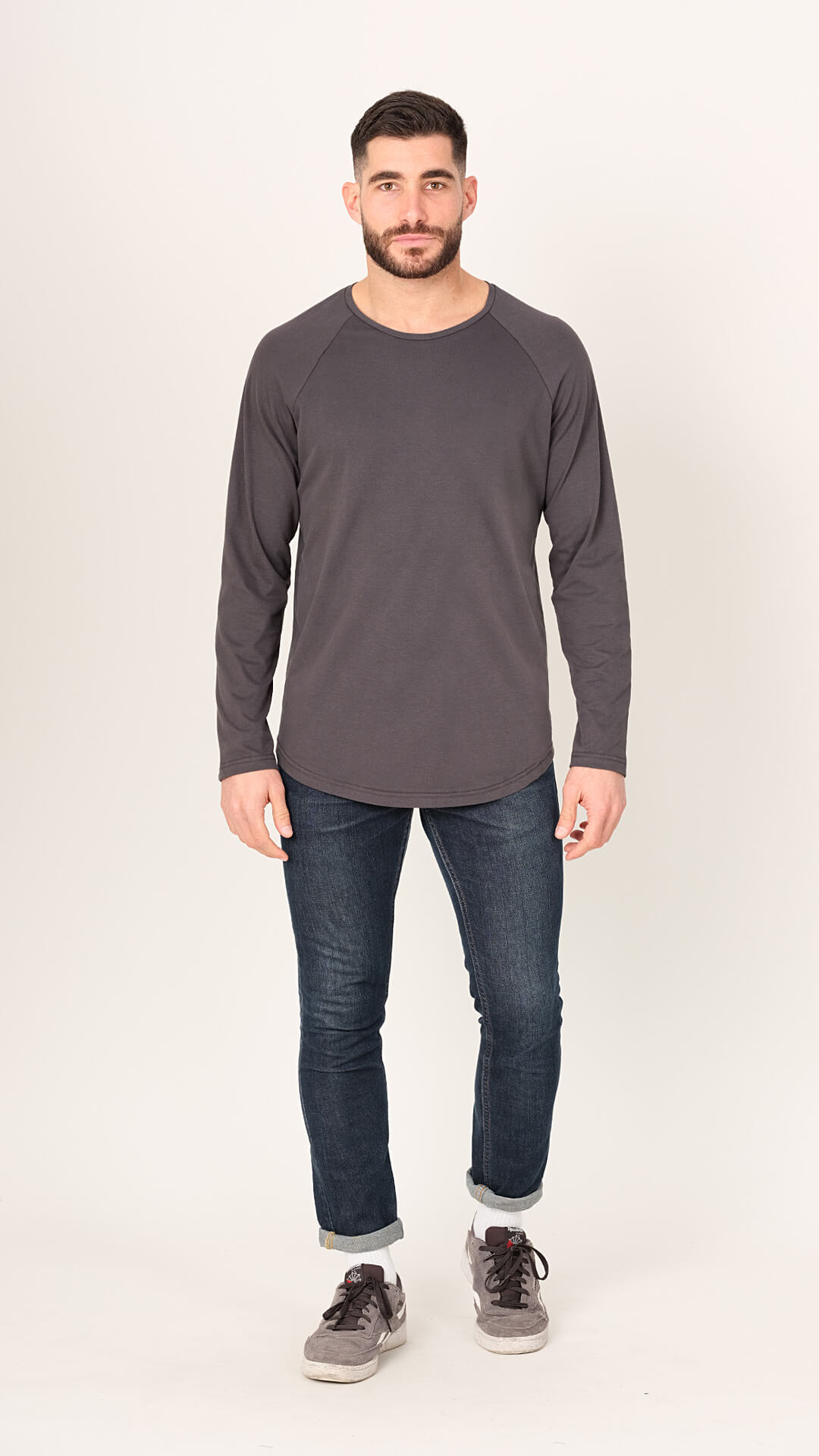 Men's grey raglan long sleeve t-shirt front view