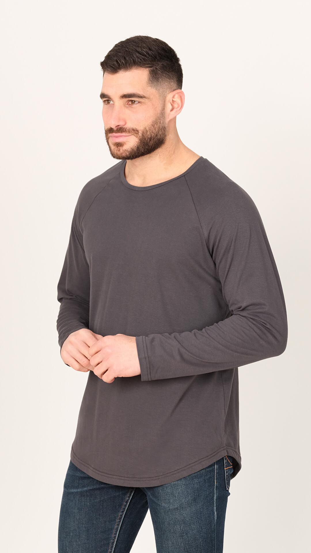 Men's grey raglan long sleeve t-shirt front view