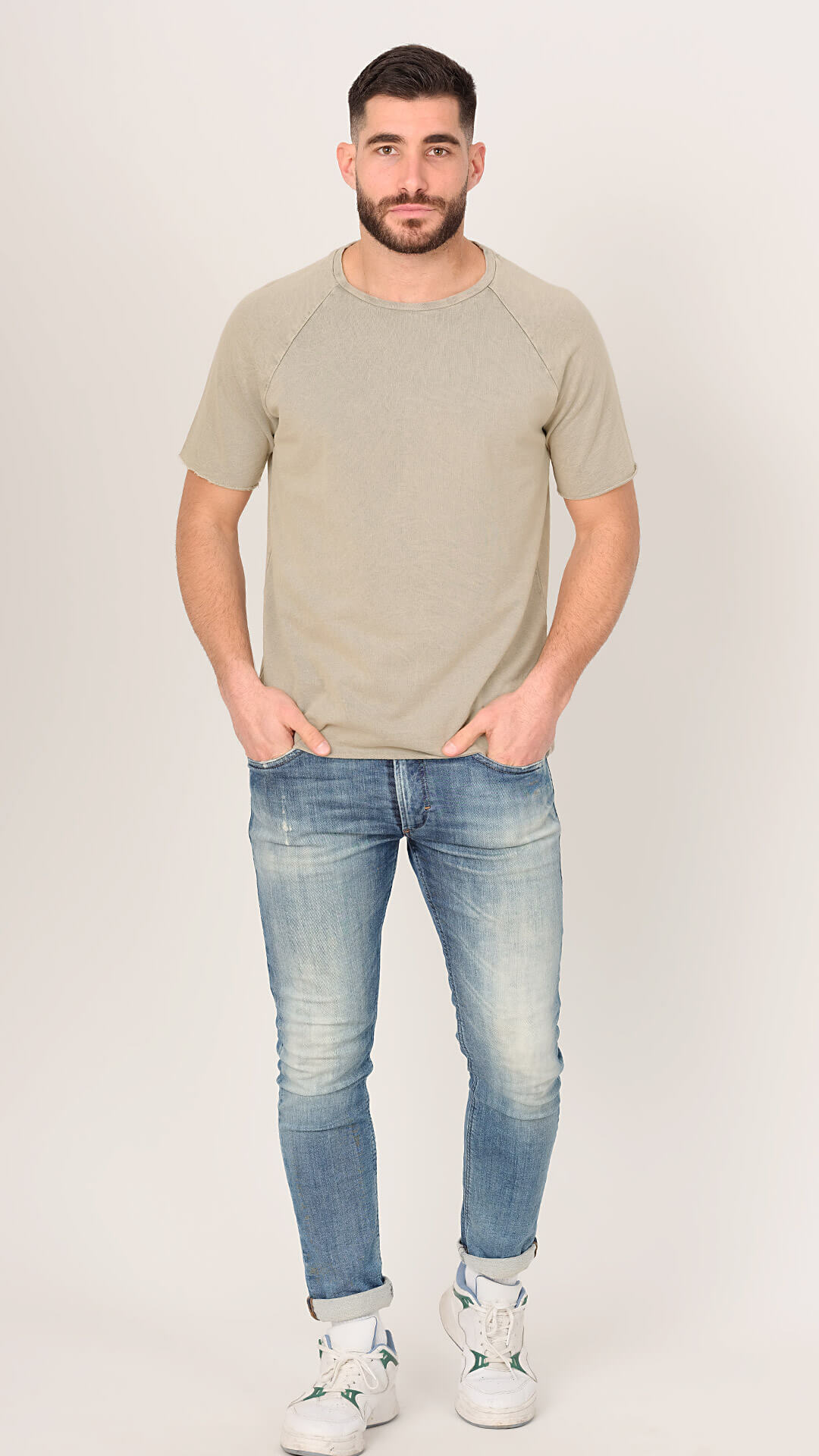 Men's Raglan T-Shirt in Light Brown, Front View.